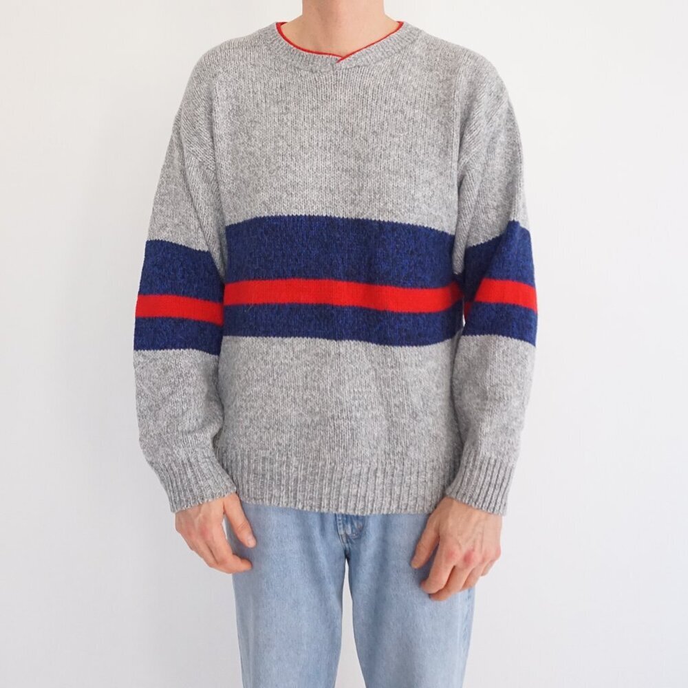 Vintage FOX Gray Red Blue Striped Crewneck Knit Sweater Colorblock Collegiate M